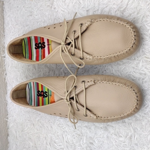 SAS Breezy Latte Leather Upper Round Toe Lace Up Moccasin Style Comfort Shoe - Picture 3 of 16